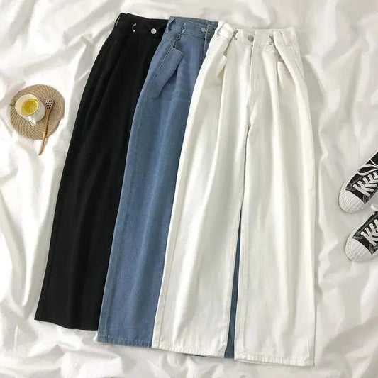 Women&#39;s Pants Streetwear Straight Solid Color High Waist Trouser Baggy Fashion Girl Student Jeans Wide Leg Mom Denim Pants