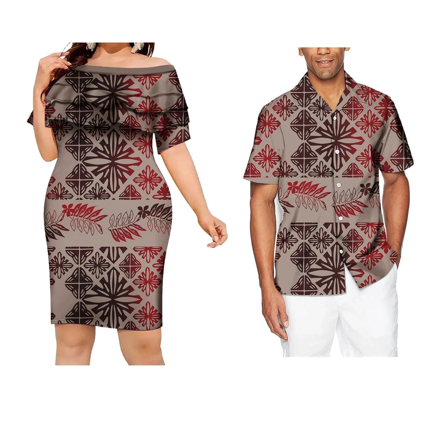 Women-4XL / 0471J Couple Outfit Polynesian Samoan Puletasi Evening Dresses Women Custom Hawaiian Dress Beachwear Shirt