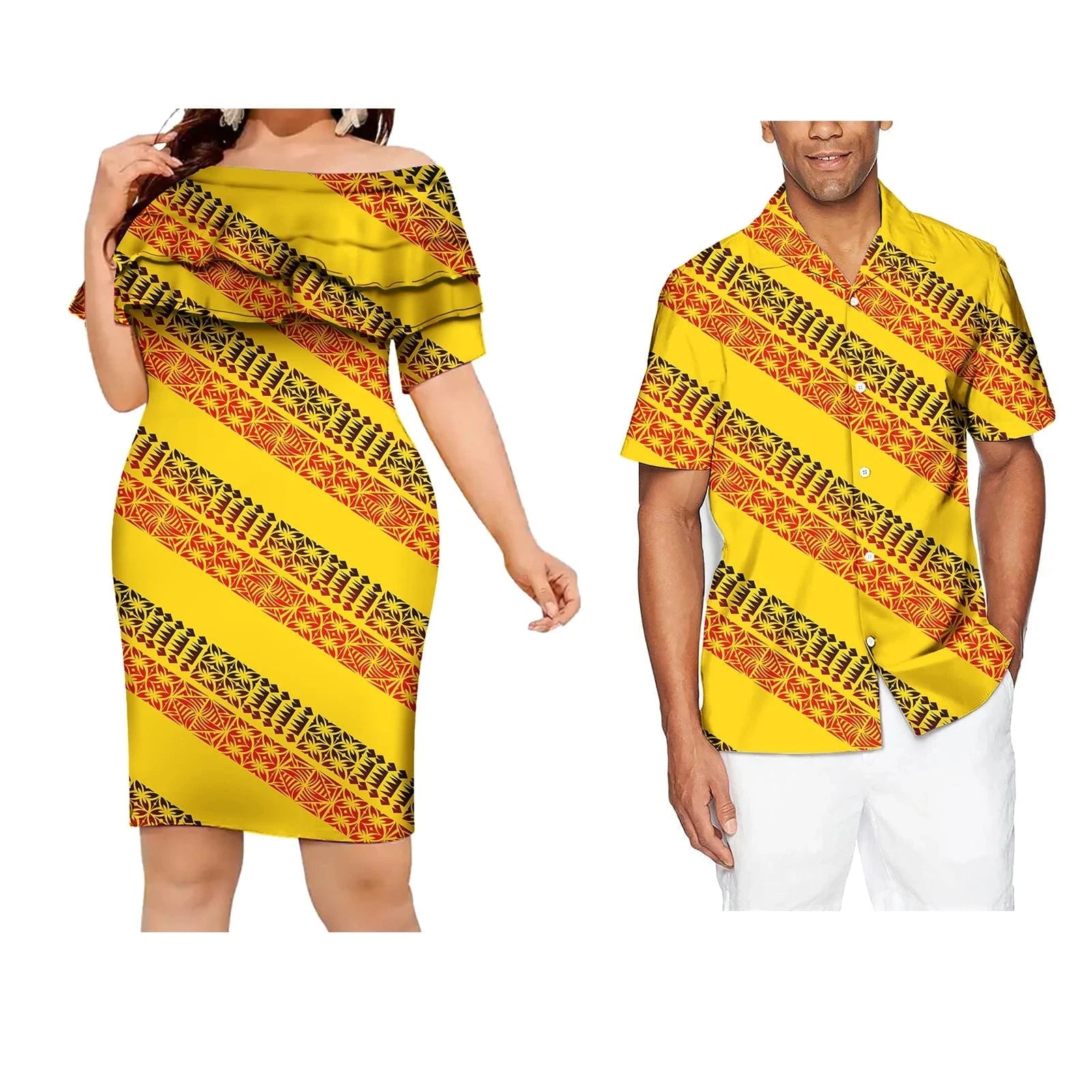Women-6XL / 0545J Sweet Lovers Matching Couples Clothes Polynesian Tribal Tropical Flowers Print Custom Lady Elegant Casual Dresses Men's T Shirts