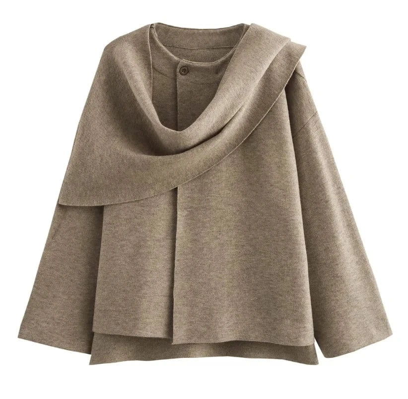 Women Autumn New Fashion Knitted Coat With Scarf Sweater Vintage Long Sleeve Female Outerwear Chic Tops