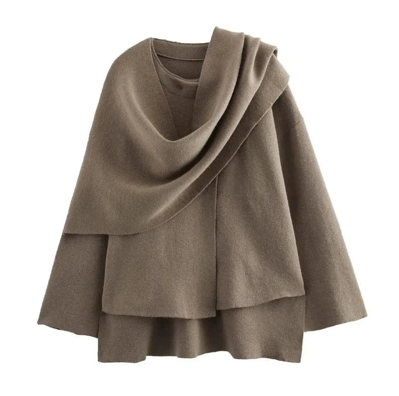 Women Autumn New Fashion Knitted Coat With Scarf Sweater Vintage Long Sleeve Female Outerwear Chic Tops