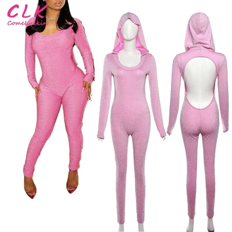 Women Autumn Tight Long Sleeve Streetwear Female Trend Basic Casual One Piece Custom Logo Shiny Hooded Backless Jumpsuits