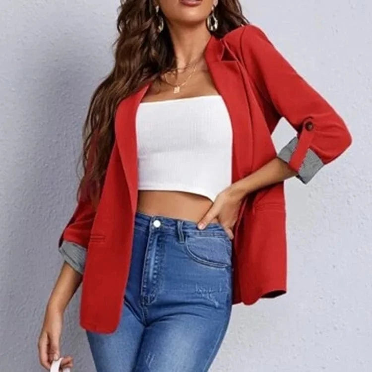 Women Autumn Winter Fashion Splicing Lapel Slim Cardigan Blazer Jacket Long Sleeve Casual
