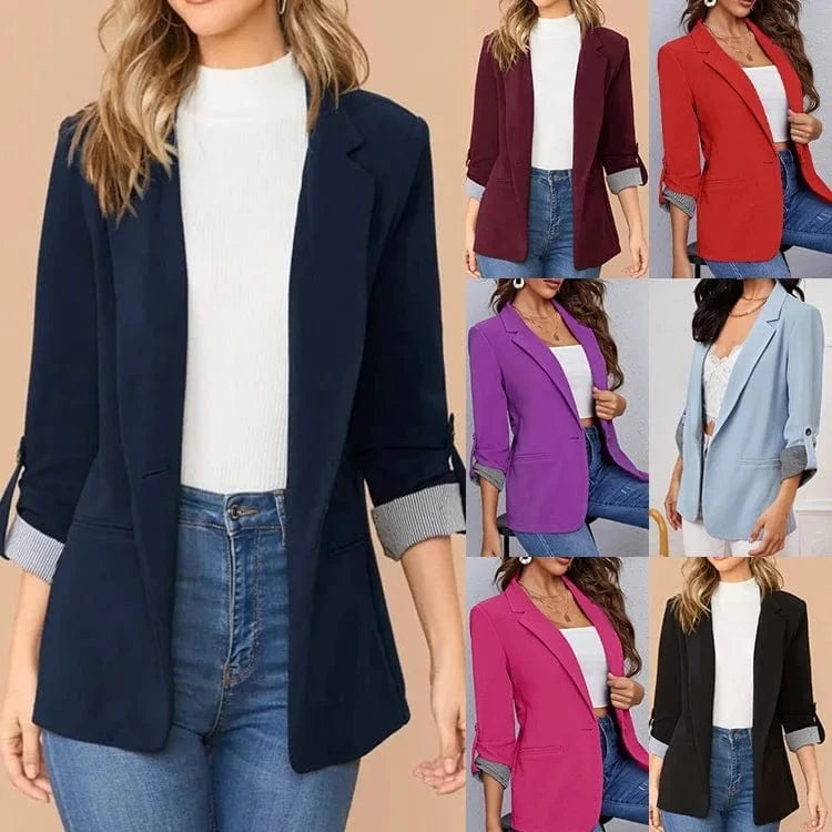 Women Autumn Winter Fashion Splicing Lapel Slim Cardigan Blazer Jacket Long Sleeve Casual
