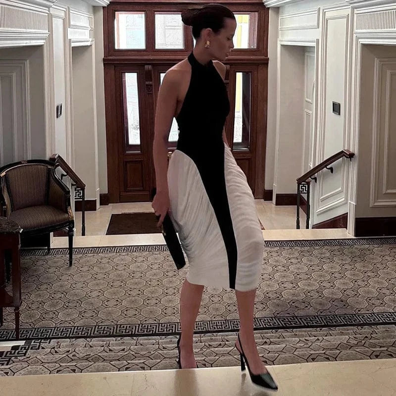 Women Black and White Patchwork Sleeveless Dresses 2025 Summer Luxury Midnight Club Party Gown Halter Backless Ruched Midi Dress