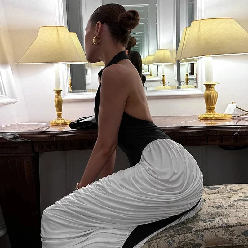 Women Black and White Patchwork Sleeveless Dresses 2025 Summer Luxury Midnight Club Party Gown Halter Backless Ruched Midi Dress