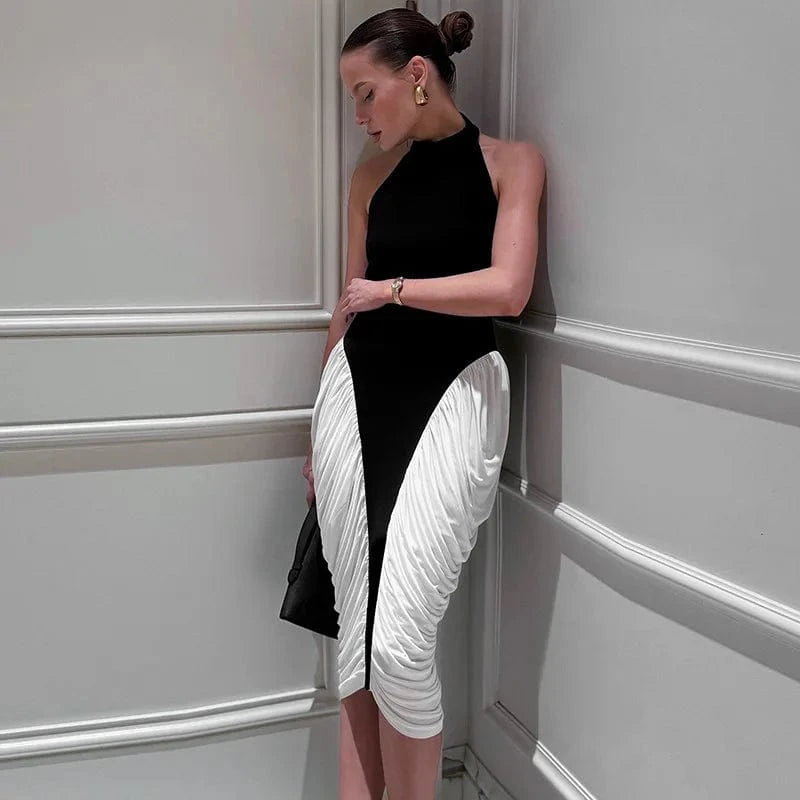 Women Black and White Patchwork Sleeveless Dresses 2025 Summer Luxury Midnight Club Party Gown Halter Backless Ruched Midi Dress