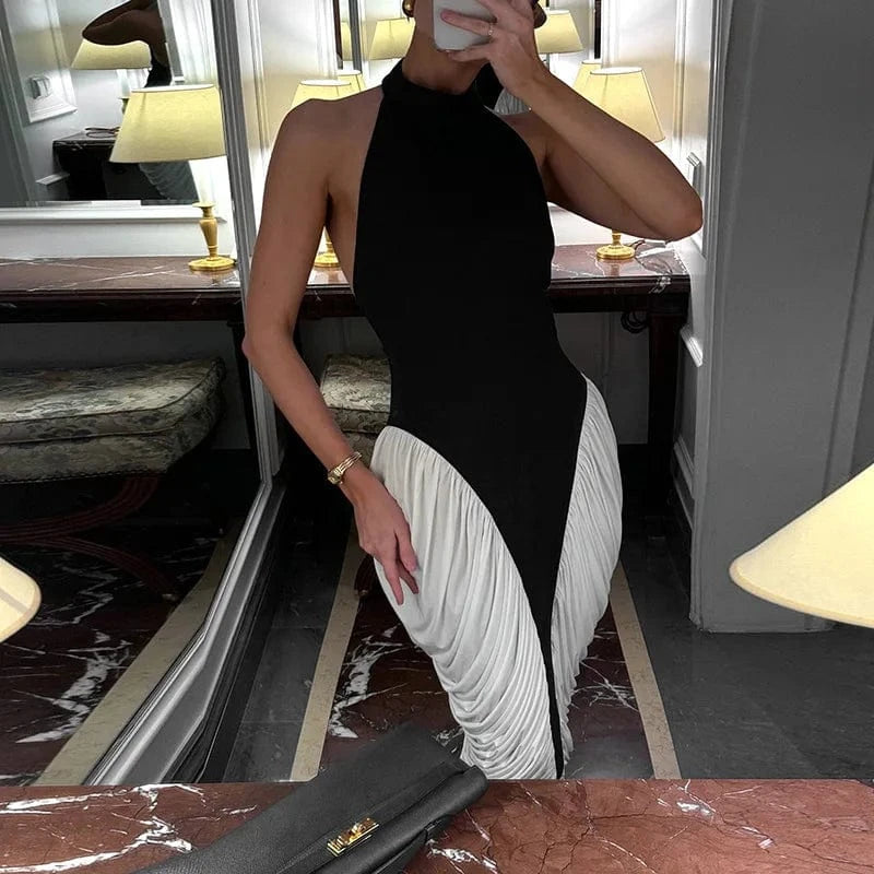 Women Black and White Patchwork Sleeveless Dresses 2025 Summer Luxury Midnight Club Party Gown Halter Backless Ruched Midi Dress