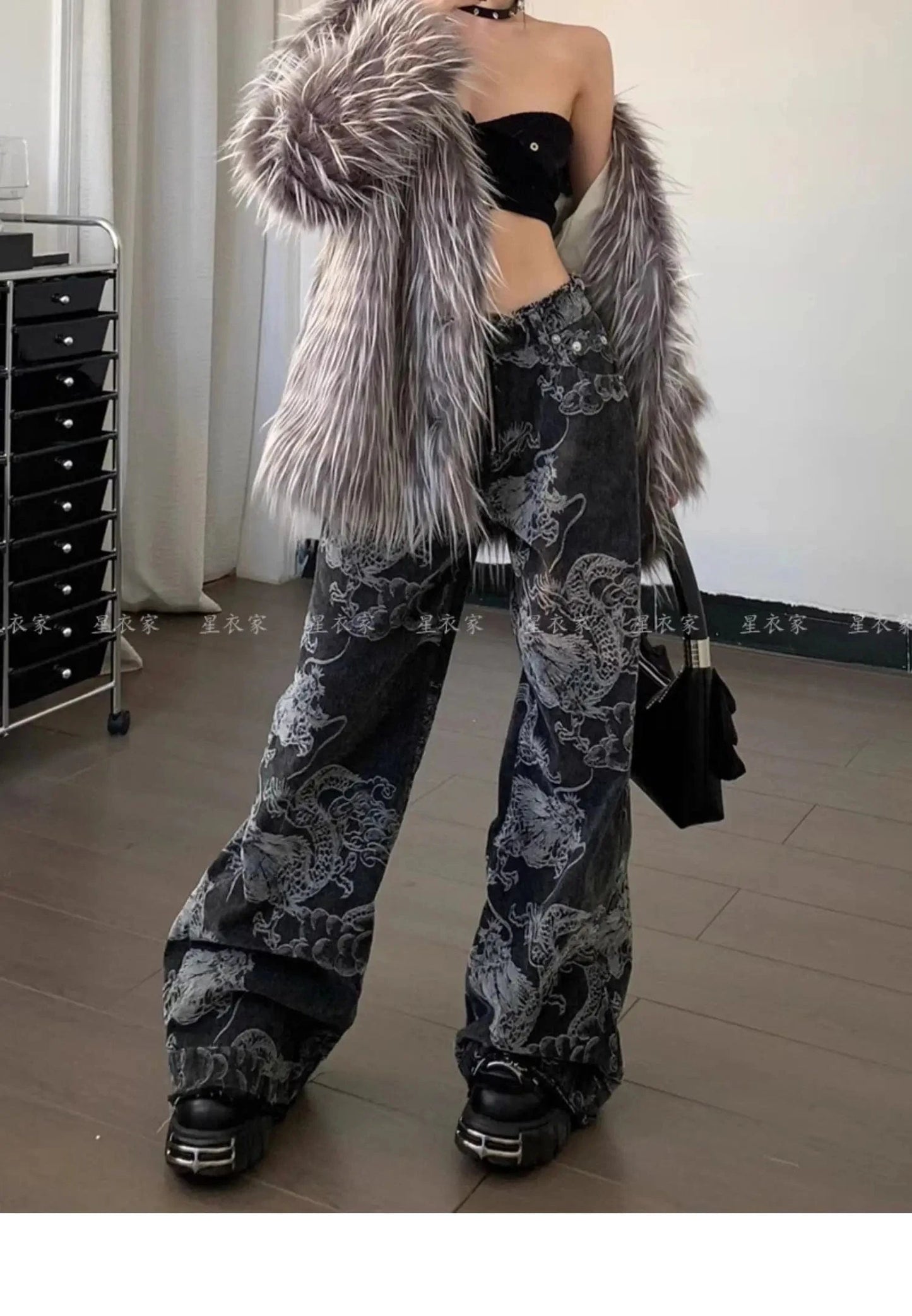 Women Black Gothic Dragon Print Jeans Baggy Vintage Aesthetic Cowboy Pants Harajuku Denim Trousers Y2k Trashy 2000s Clothes 2024