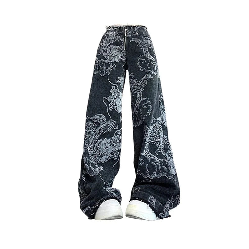 Women Black Gothic Dragon Print Jeans Baggy Vintage Aesthetic Cowboy Pants Harajuku Denim Trousers Y2k Trashy 2000s Clothes 2024