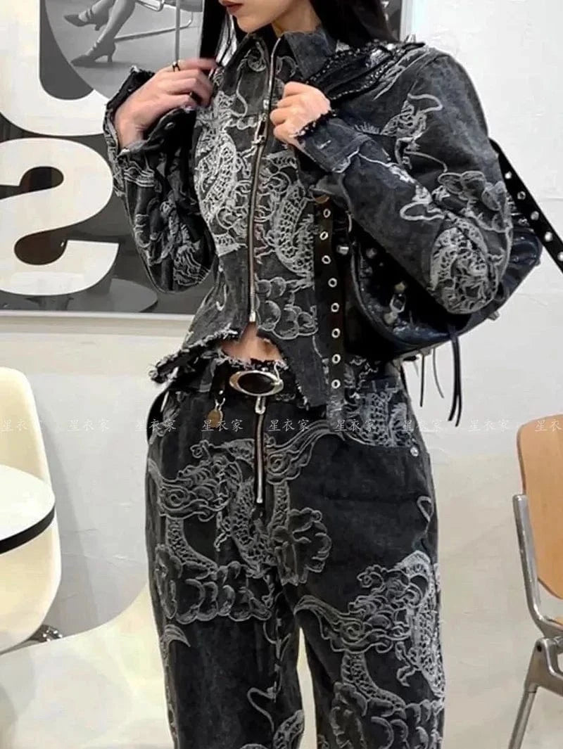 Women Black Gothic Dragon Print Jeans Baggy Vintage Aesthetic Cowboy Pants Harajuku Denim Trousers Y2k Trashy 2000s Clothes 2024
