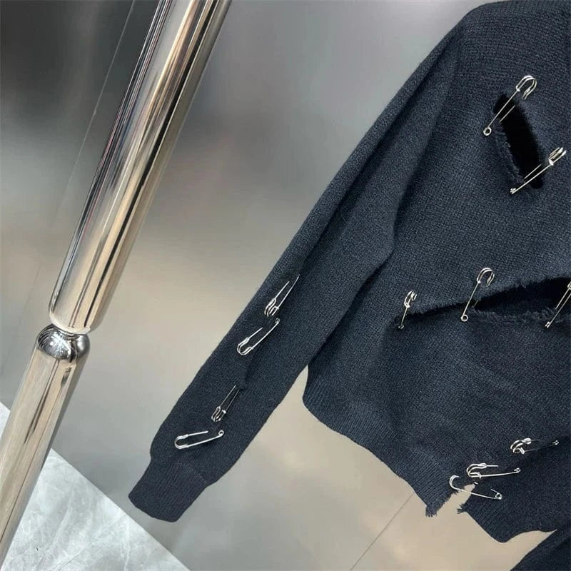 Women Black Gothic O-Neck Pullover Hollow Out Knit Sweater Harajuku Y2k Long Sleeves Sweater Vintage 90s 2000s Aesthetic Clothes