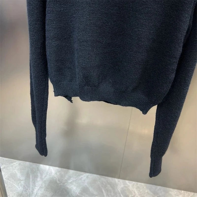 Women Black Gothic O-Neck Pullover Hollow Out Knit Sweater Harajuku Y2k Long Sleeves Sweater Vintage 90s 2000s Aesthetic Clothes