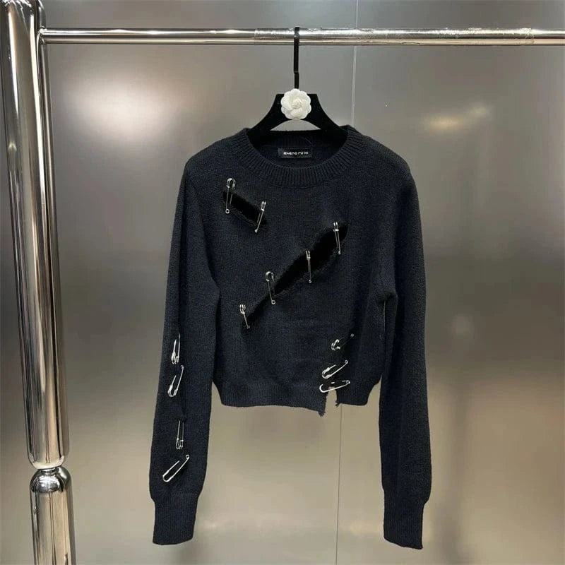 Women Black Gothic O-Neck Pullover Hollow Out Knit Sweater Harajuku Y2k Long Sleeves Sweater Vintage 90s 2000s Aesthetic Clothes