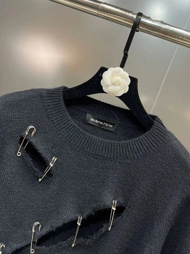 Women Black Gothic O-Neck Pullover Hollow Out Knit Sweater Harajuku Y2k Long Sleeves Sweater Vintage 90s 2000s Aesthetic Clothes