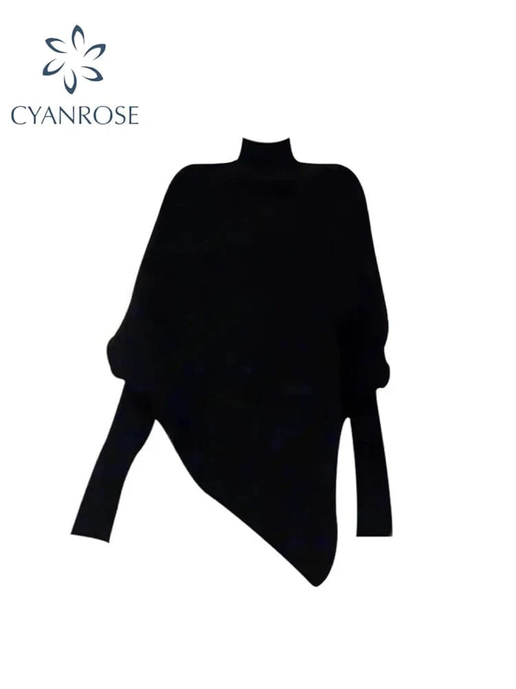 Women Black Gothic Pullover Sweater Harajuku Aesthetic Y2k Long Sleeves Turtleneck Knitted Sweaters Vintage 2000s Clothes Autumn