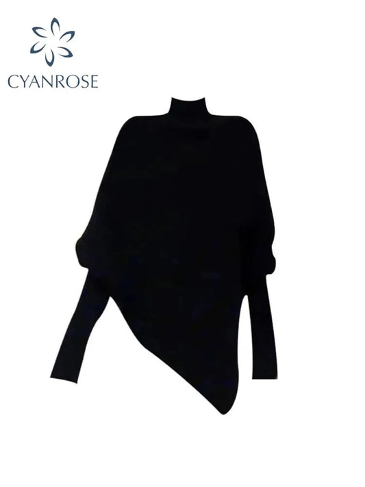 Women Black Gothic Pullover Sweater Harajuku Aesthetic Y2k Long Sleeves Turtleneck Knitted Sweaters Vintage 2000s Clothes Autumn