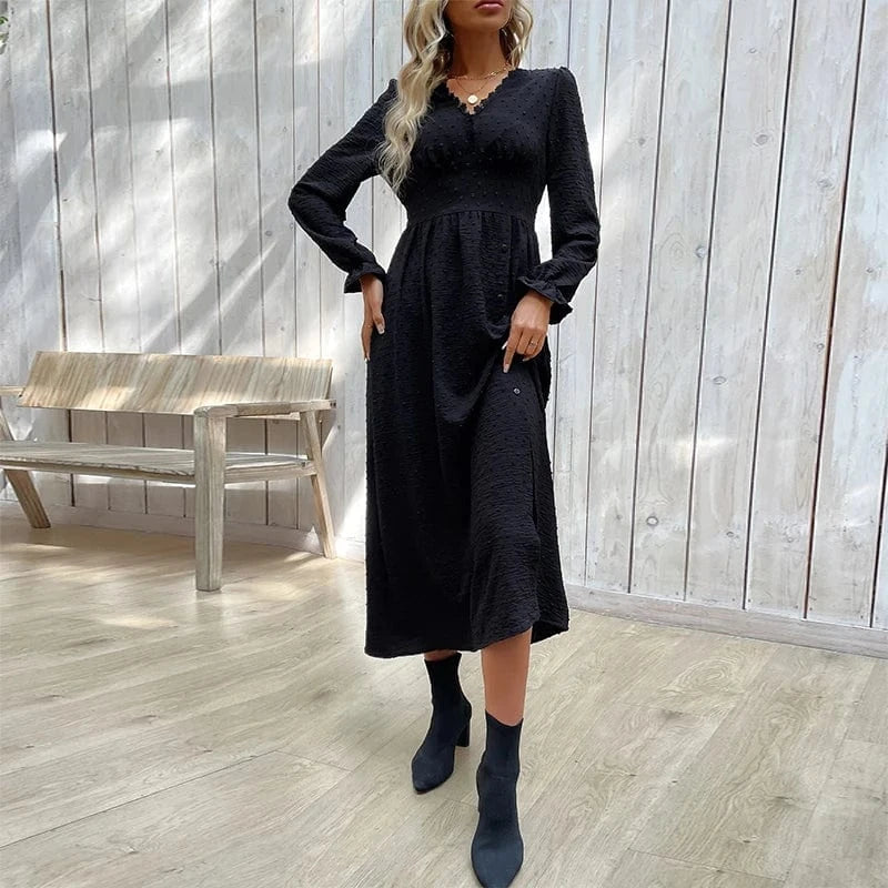 Women Black Soild Colour Long Sleeve Chic Midi Dress V Neck Casual Wholesale Clothing New Arrivals
