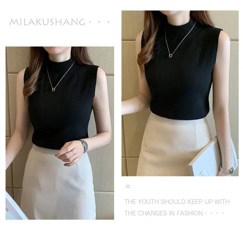 Women Blusas Mujer De Moda 2024 Verano Sleeveless Knitted Blouse Shirt Women Tops Turtleneck sweater tops