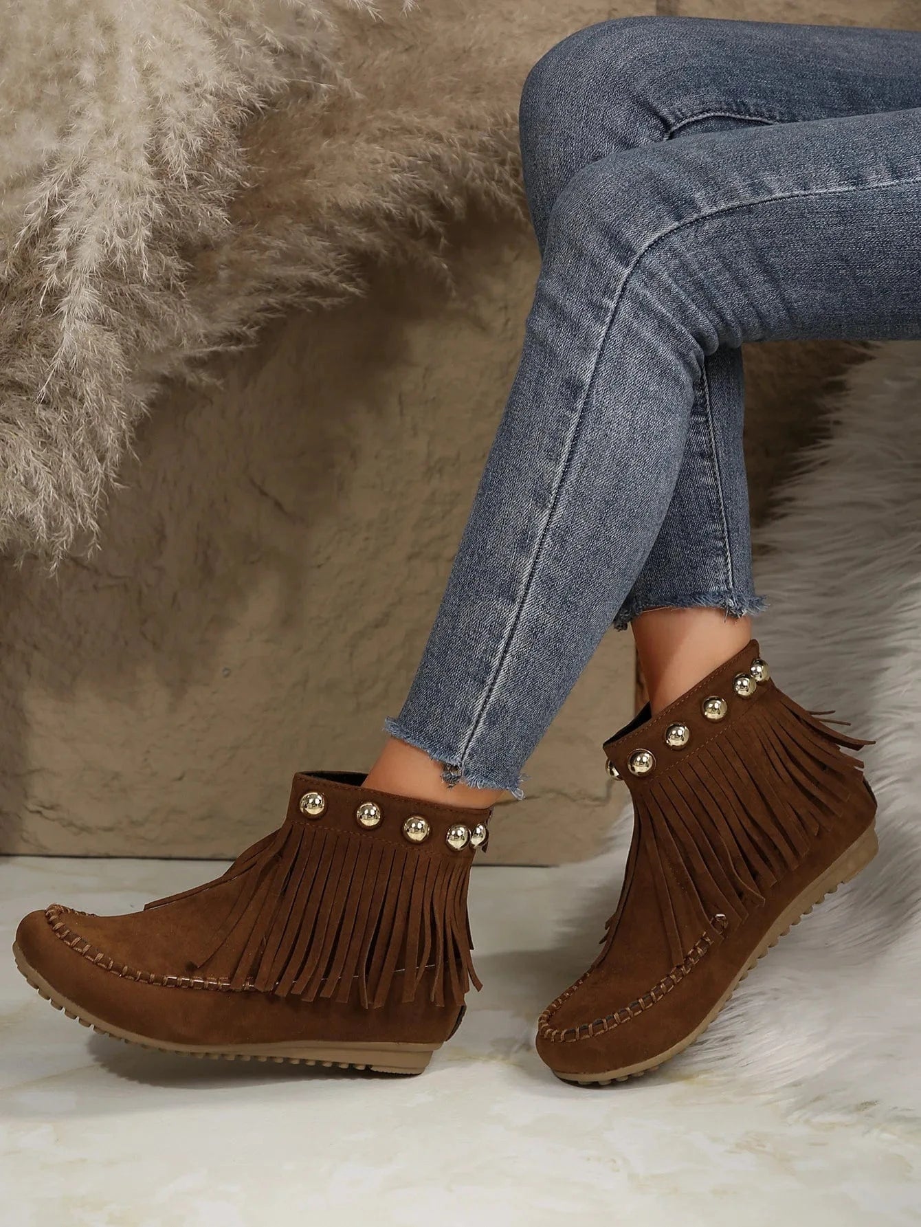 Women Boots Winter New Vintage Fringe Ankle Boots Women Side Zipper Casual Shoes Round Toe Ladies Snow Boots Zapatos De Mujer
