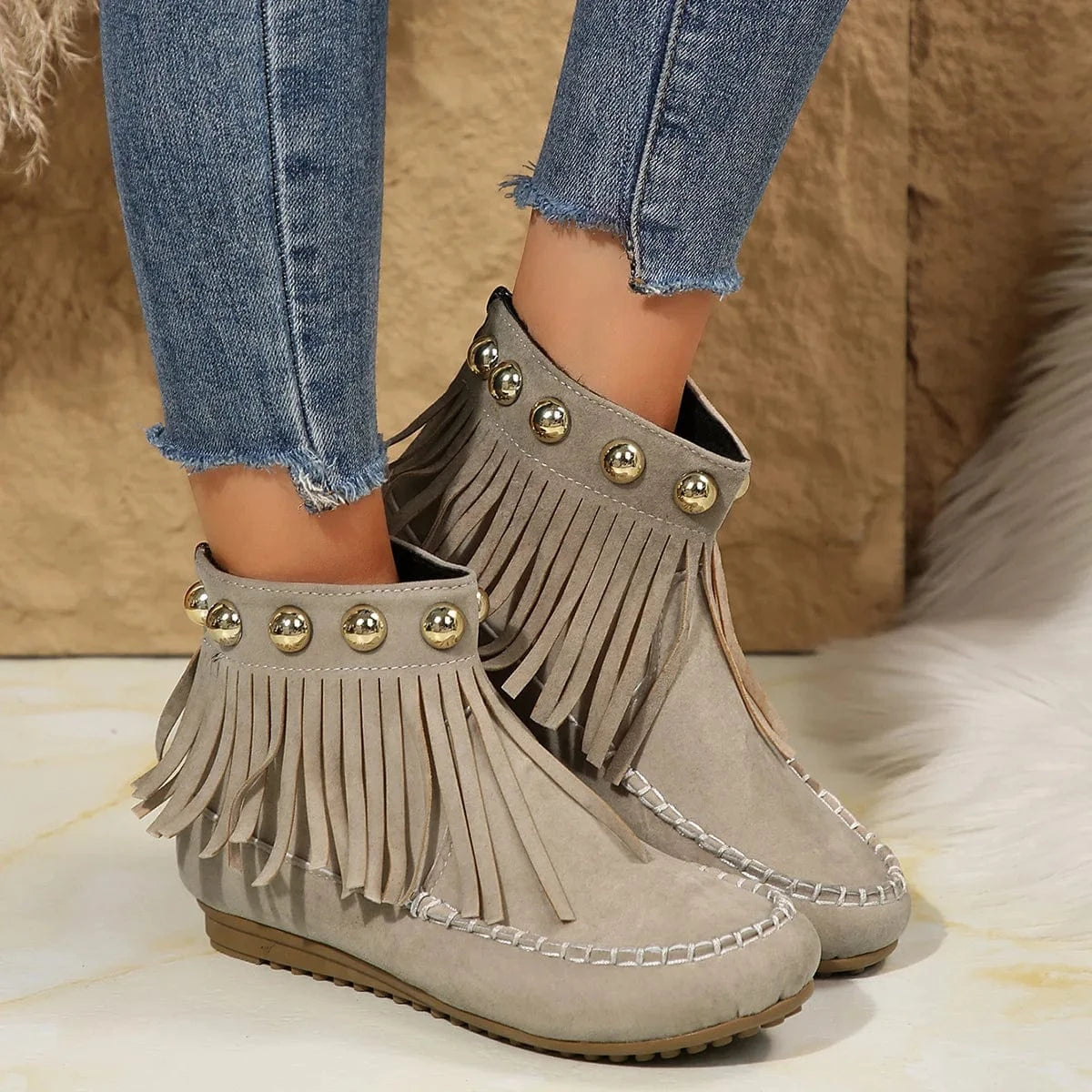 Women Boots Winter New Vintage Fringe Ankle Boots Women Side Zipper Casual Shoes Round Toe Ladies Snow Boots Zapatos De Mujer