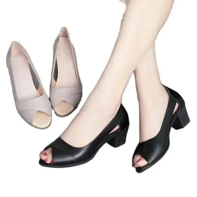 women casual dress shoes Summer Women Dress Shoes Peep Toe Office Work Shoes Medium Heels Pumps Open Toe Women Sandals Black 10%