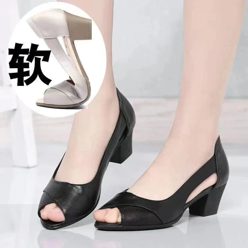 women casual dress shoes Summer Women Dress Shoes Peep Toe Office Work Shoes Medium Heels Pumps Open Toe Women Sandals Black 10%