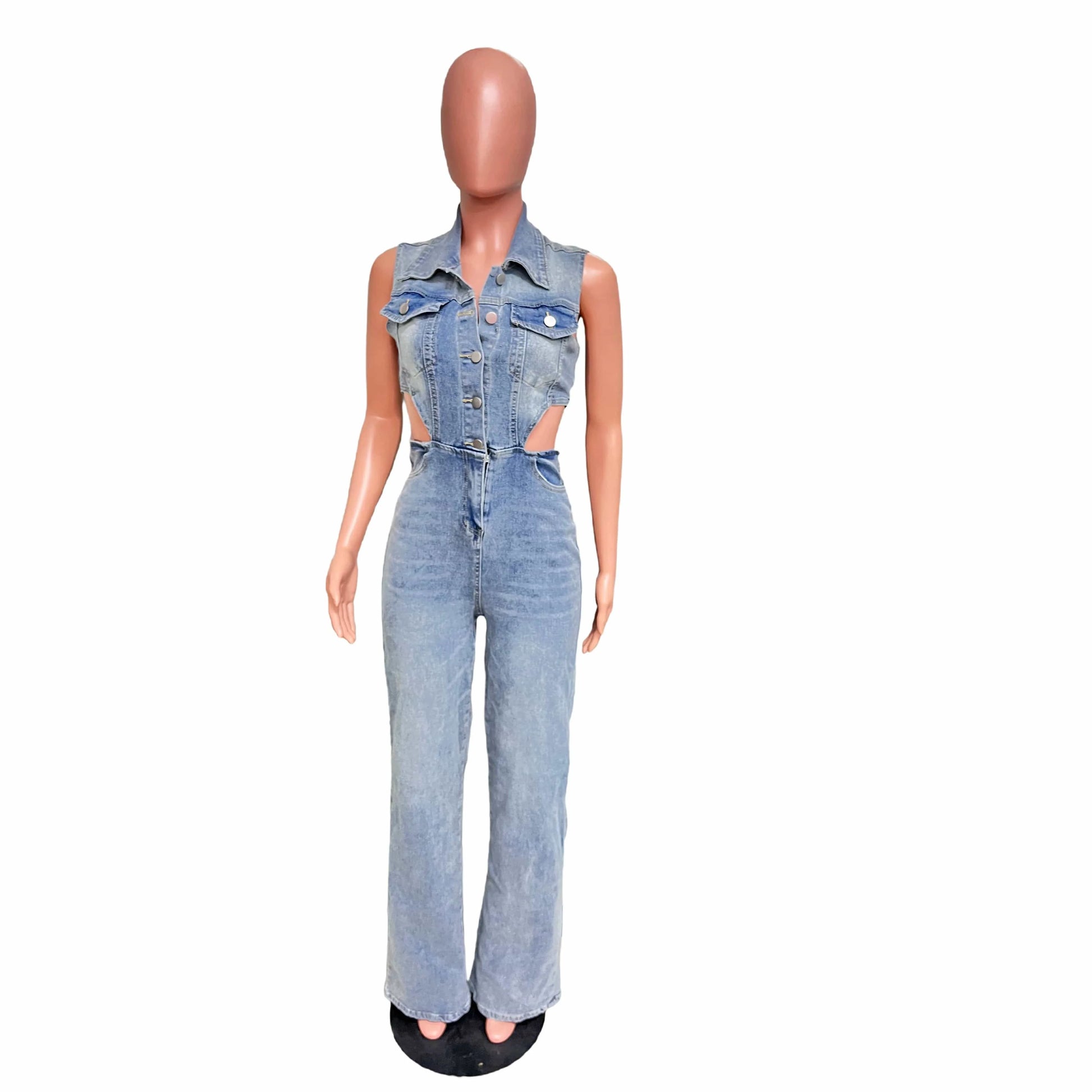 Women Casual High Elastic Washed Denim Sleeveless Hollow Elegant Jumpsuits