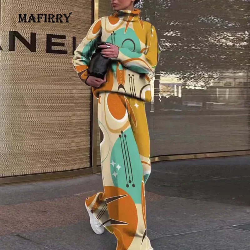 Women Casual Loose Printing Elastic Waist Suits Turtleneck Wide Leg Pants Ladies Outfit Patchwork Sportswear Loungewear Set - SN Wigs & More
