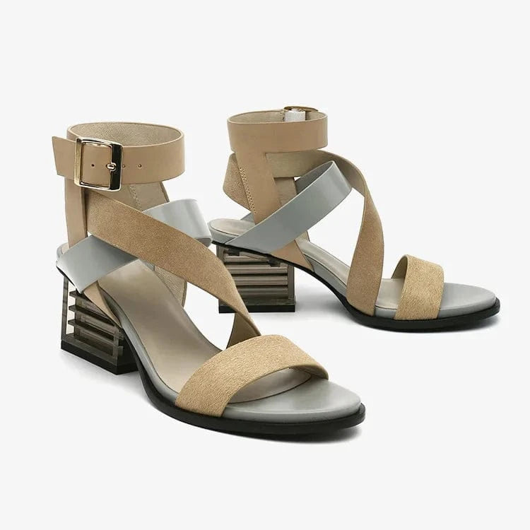 Women Casual Sandals Fashion Color Patchwork Open-toe Shoes Side Hollow Out Ankle Strap High Heel Sandals Ladies Party Sandalias
