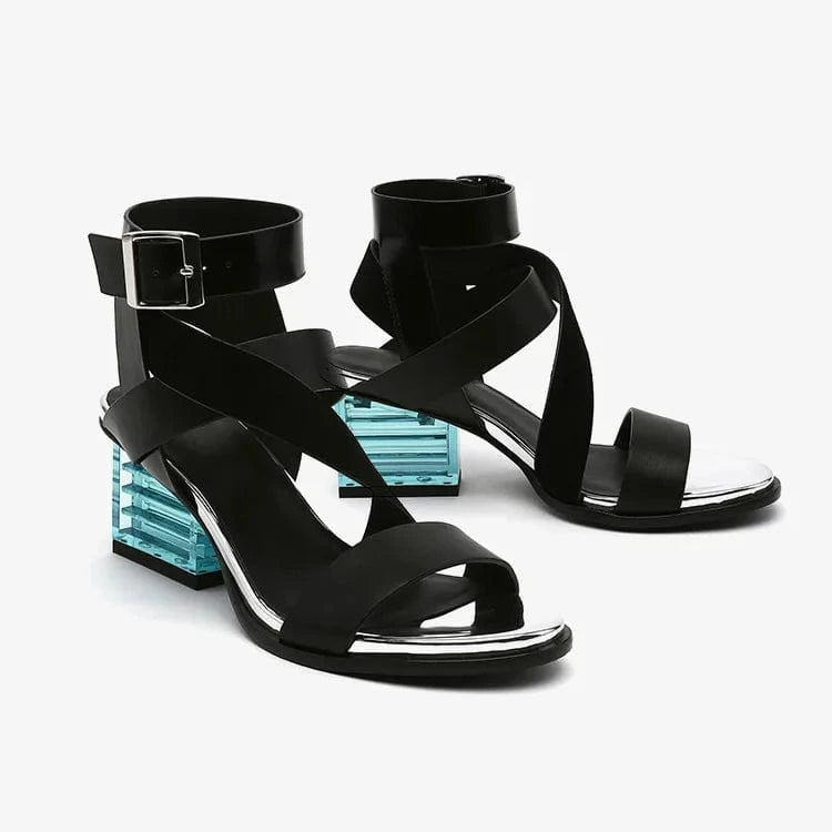 Women Casual Sandals Fashion Color Patchwork Open-toe Shoes Side Hollow Out Ankle Strap High Heel Sandals Ladies Party Sandalias