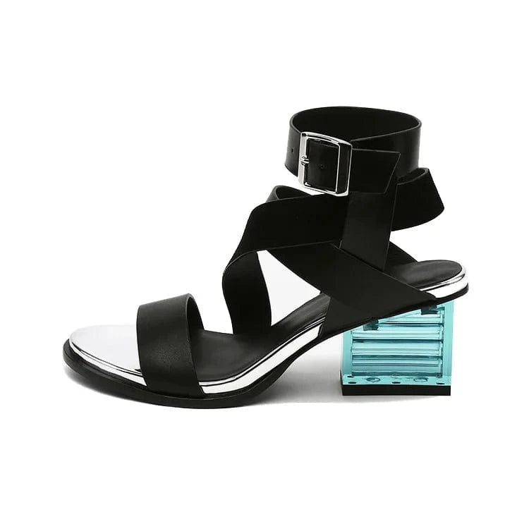 Women Casual Sandals Fashion Color Patchwork Open-toe Shoes Side Hollow Out Ankle Strap High Heel Sandals Ladies Party Sandalias