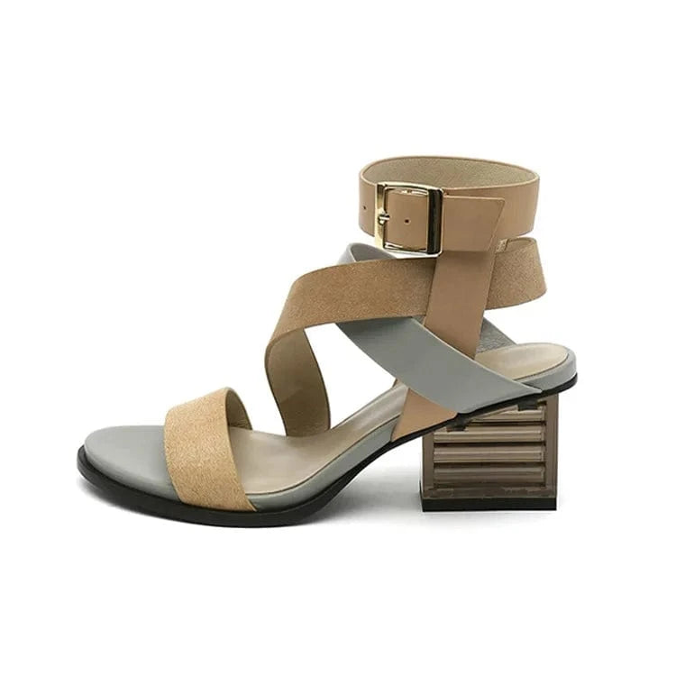 Women Casual Sandals Fashion Color Patchwork Open-toe Shoes Side Hollow Out Ankle Strap High Heel Sandals Ladies Party Sandalias