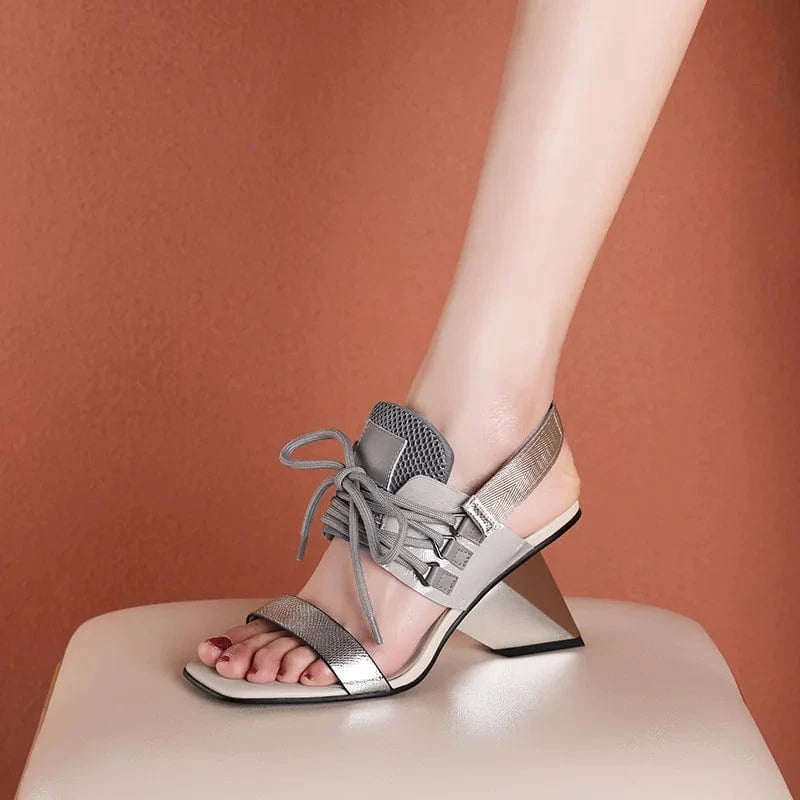 Women Casual Sandals Fashion Color Patchwork T-strap Shoes Slingback Lace Up High Heel Sandals For Ladies Dating Party Sandalias