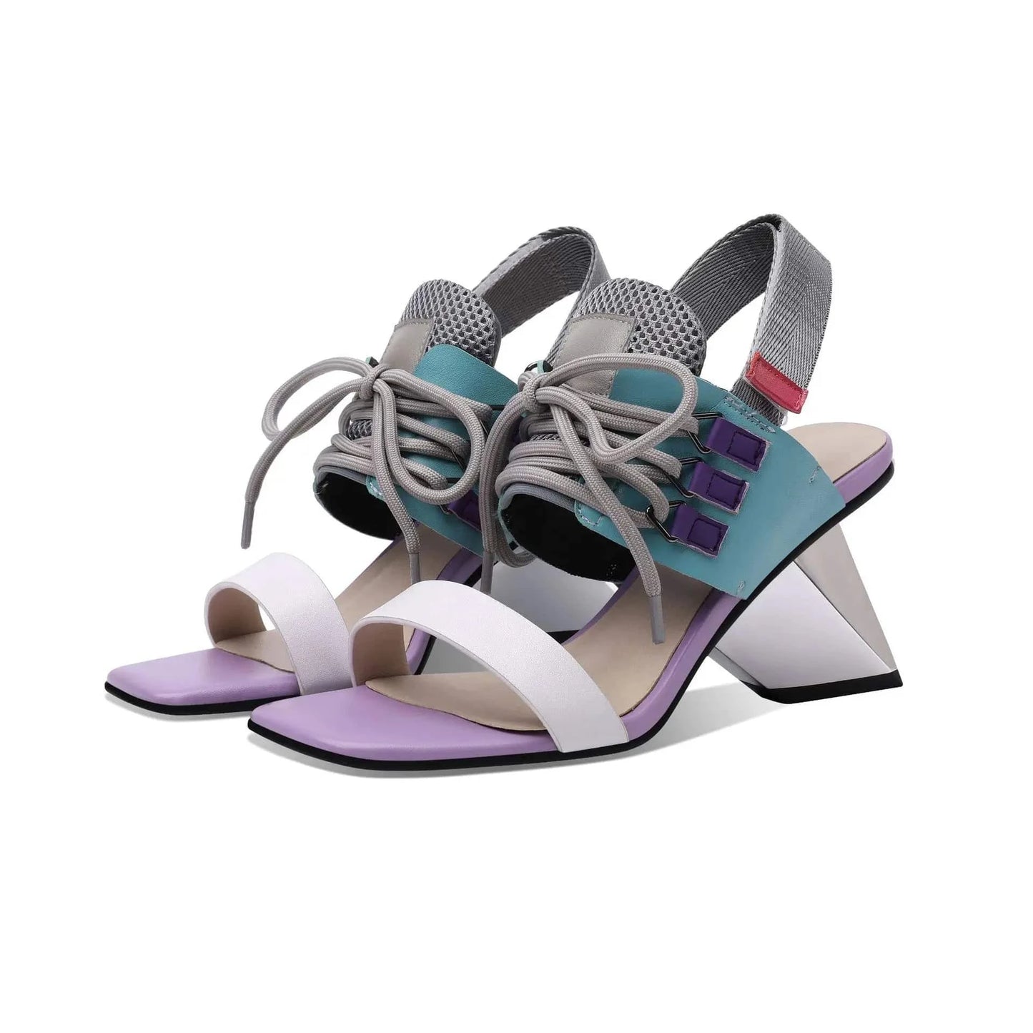 Women Casual Sandals Fashion Color Patchwork T-strap Shoes Slingback Lace Up High Heel Sandals For Ladies Dating Party Sandalias