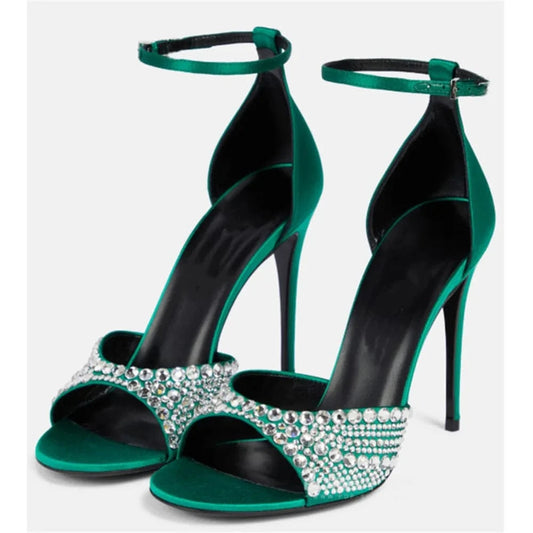 Women Casual Sandals Versatile Rhinestone Decor Zapatos De Mujer Hollow Out Ankle Strap High Heel Sandals Ladies Party Sandalias