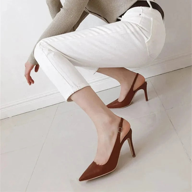 Women Casual Solid Color Slingback High Heels Sandals Pointed Toe Summer Wrap Toe Dress Shoes