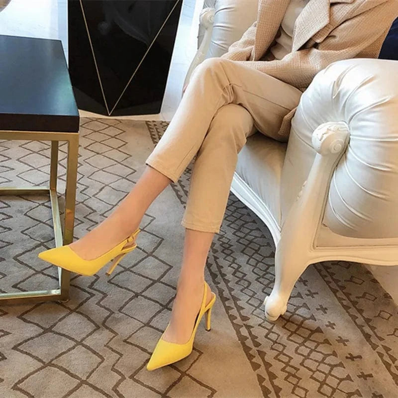 Women Casual Solid Color Slingback High Heels Sandals Pointed Toe Summer Wrap Toe Dress Shoes