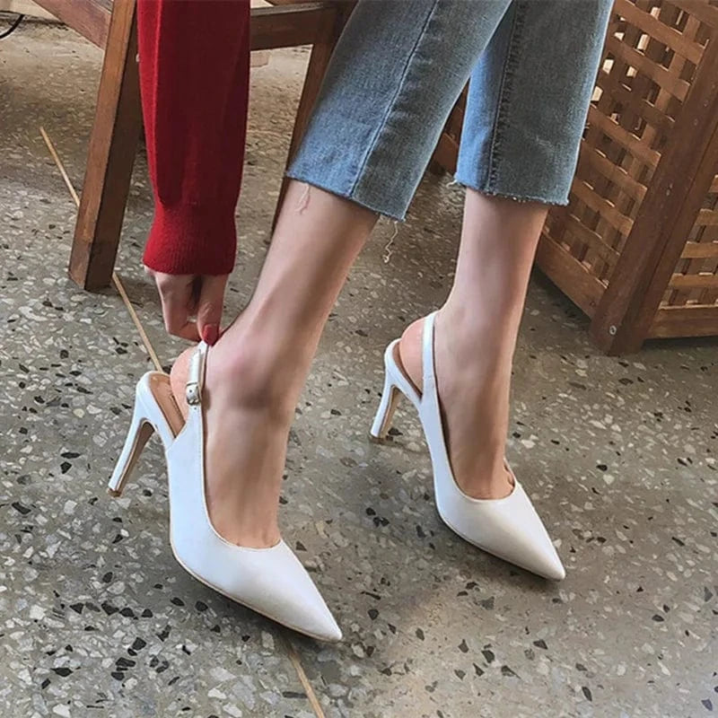 Women Casual Solid Color Slingback High Heels Sandals Pointed Toe Summer Wrap Toe Dress Shoes