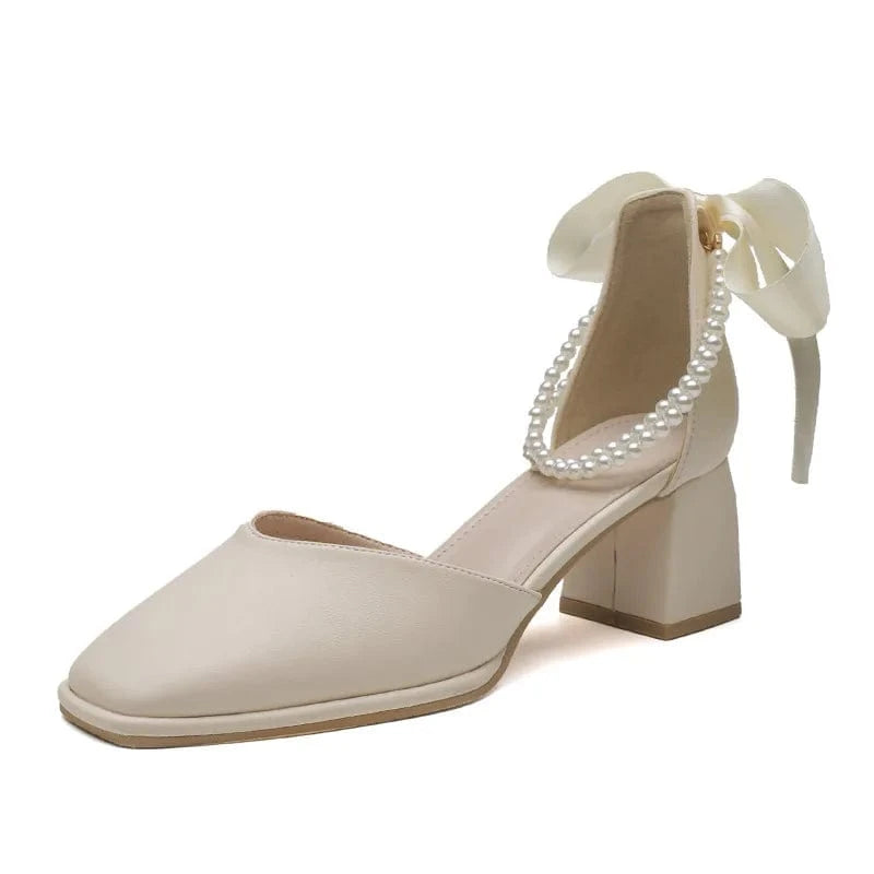 Women Casual Square Toe High Heeled Sandals Ladies Bowknot Pearls Thick High Heels Mary Jane Shoes for Bridals Wedding Party