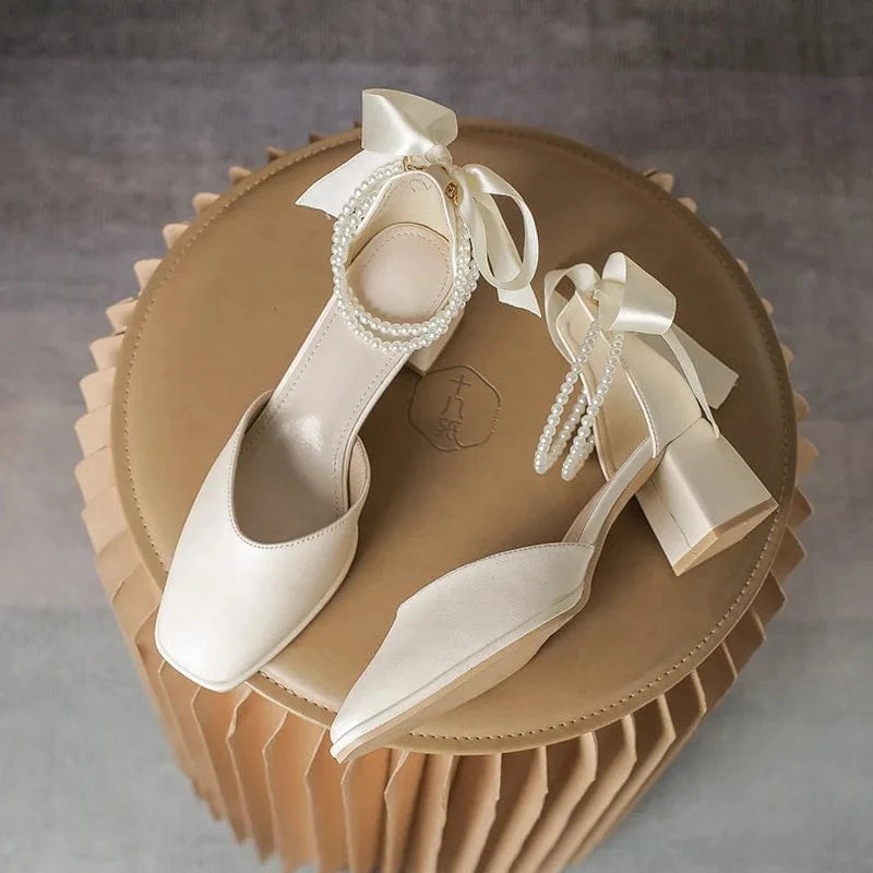 Women Casual Square Toe High Heeled Sandals Ladies Bowknot Pearls Thick High Heels Mary Jane Shoes for Bridals Wedding Party