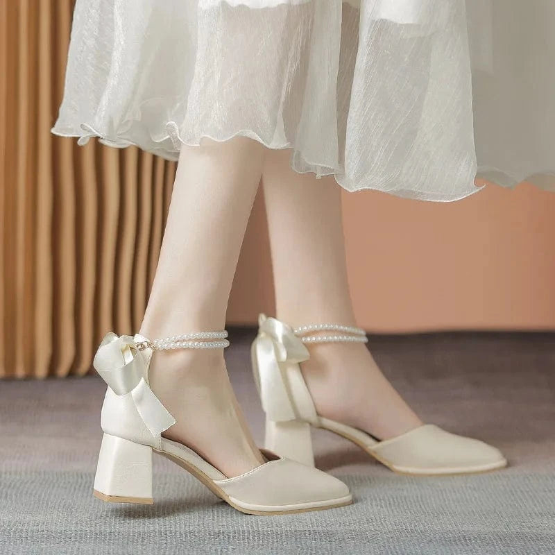Women Casual Square Toe High Heeled Sandals Ladies Bowknot Pearls Thick High Heels Mary Jane Shoes for Bridals Wedding Party
