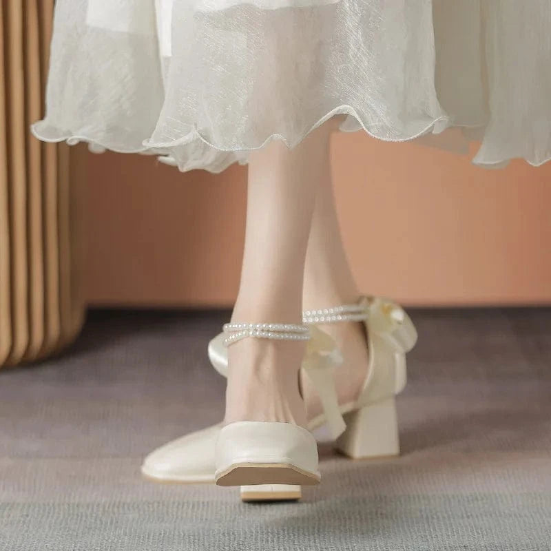 Women Casual Square Toe High Heeled Sandals Ladies Bowknot Pearls Thick High Heels Mary Jane Shoes for Bridals Wedding Party