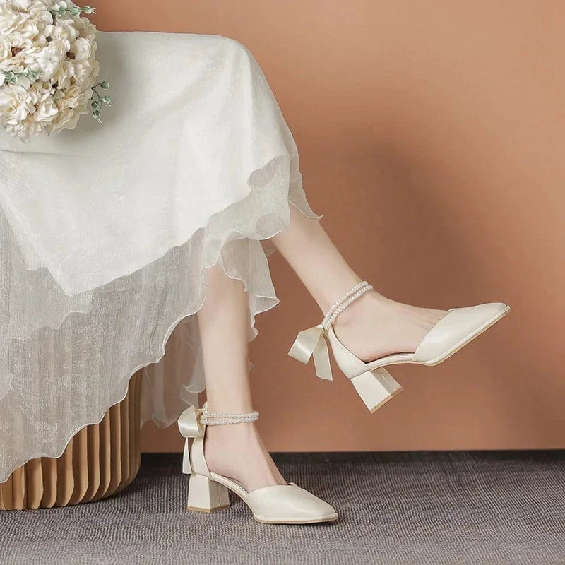 Women Casual Square Toe High Heeled Sandals Ladies Bowknot Pearls Thick High Heels Mary Jane Shoes for Bridals Wedding Party