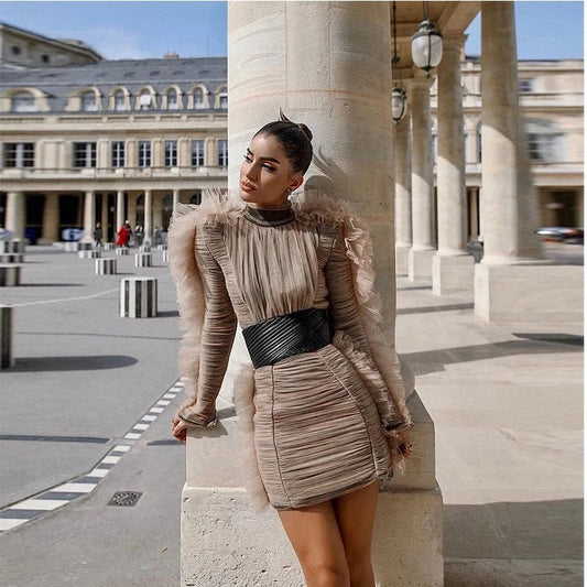 Women Celebrity Nightclub Party Evening Long Sleeve Mesh Elegant Lady sexy mini Dress With Belt