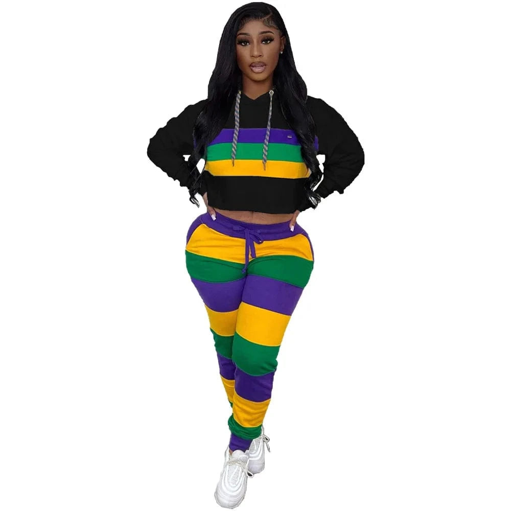 Women Clothing  2024 Trendy Outfits 2 Piece Spring Wear Hooded Striped Outfits Casual  Hooded Two Piece Set