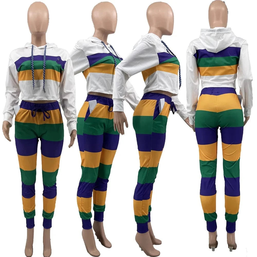 Women Clothing  2024 Trendy Outfits 2 Piece Spring Wear Hooded Striped Outfits Casual  Hooded Two Piece Set