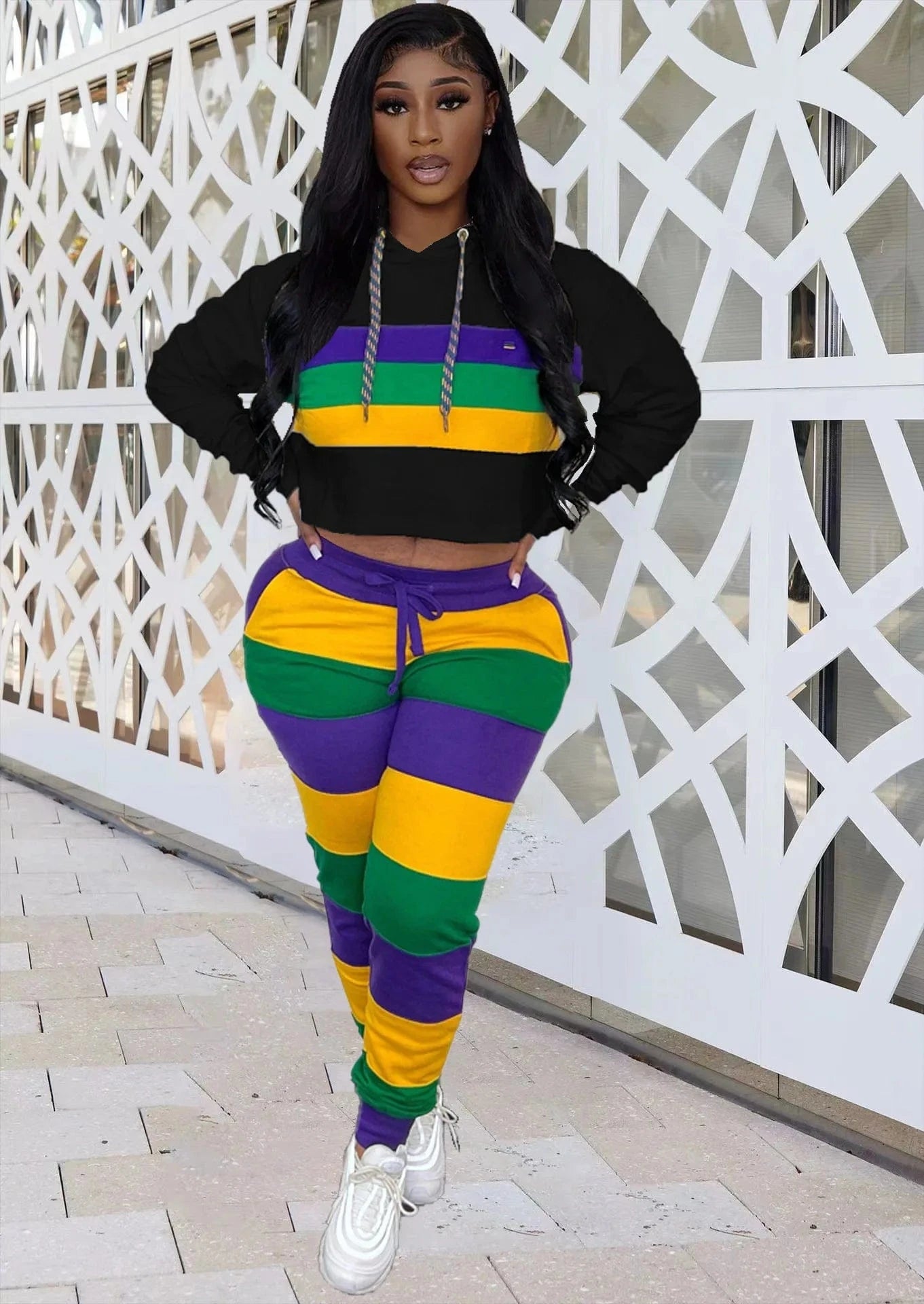 Women Clothing  2024 Trendy Outfits 2 Piece Spring Wear Hooded Striped Outfits Casual  Hooded Two Piece Set