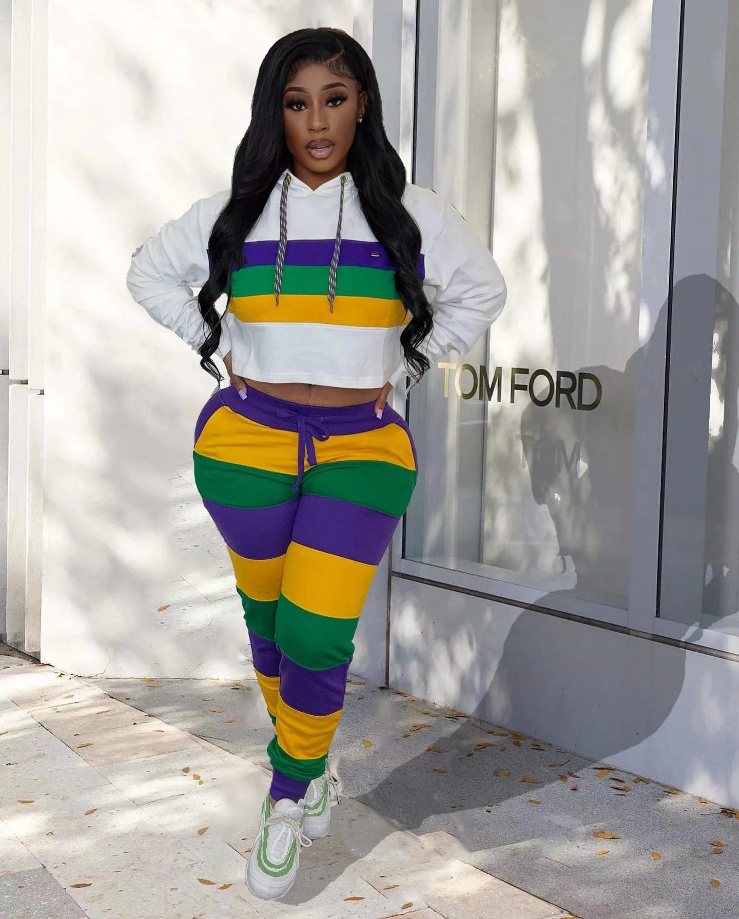 Women Clothing  2024 Trendy Outfits 2 Piece Spring Wear Hooded Striped Outfits Casual  Hooded Two Piece Set