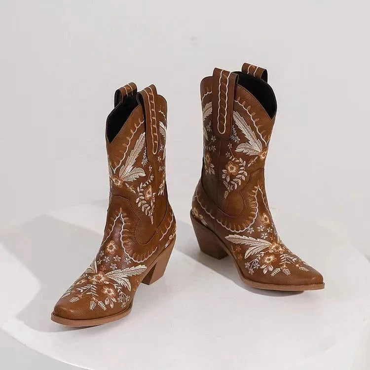women cowboy boots Chunky Wood Heel Leather Wide Calf Cowboy Luxury Women Boots